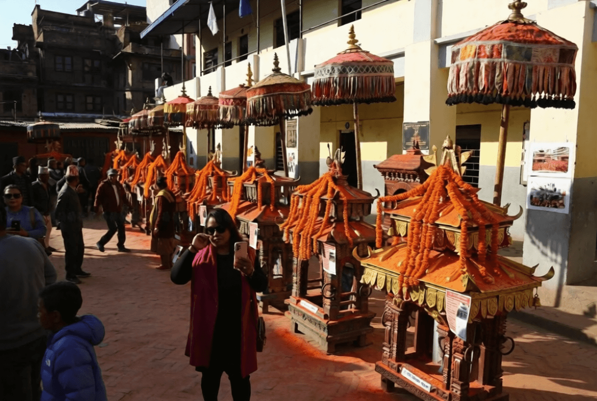 Biska Jatra street crowd with festive movement in Madhyapur Thimi.