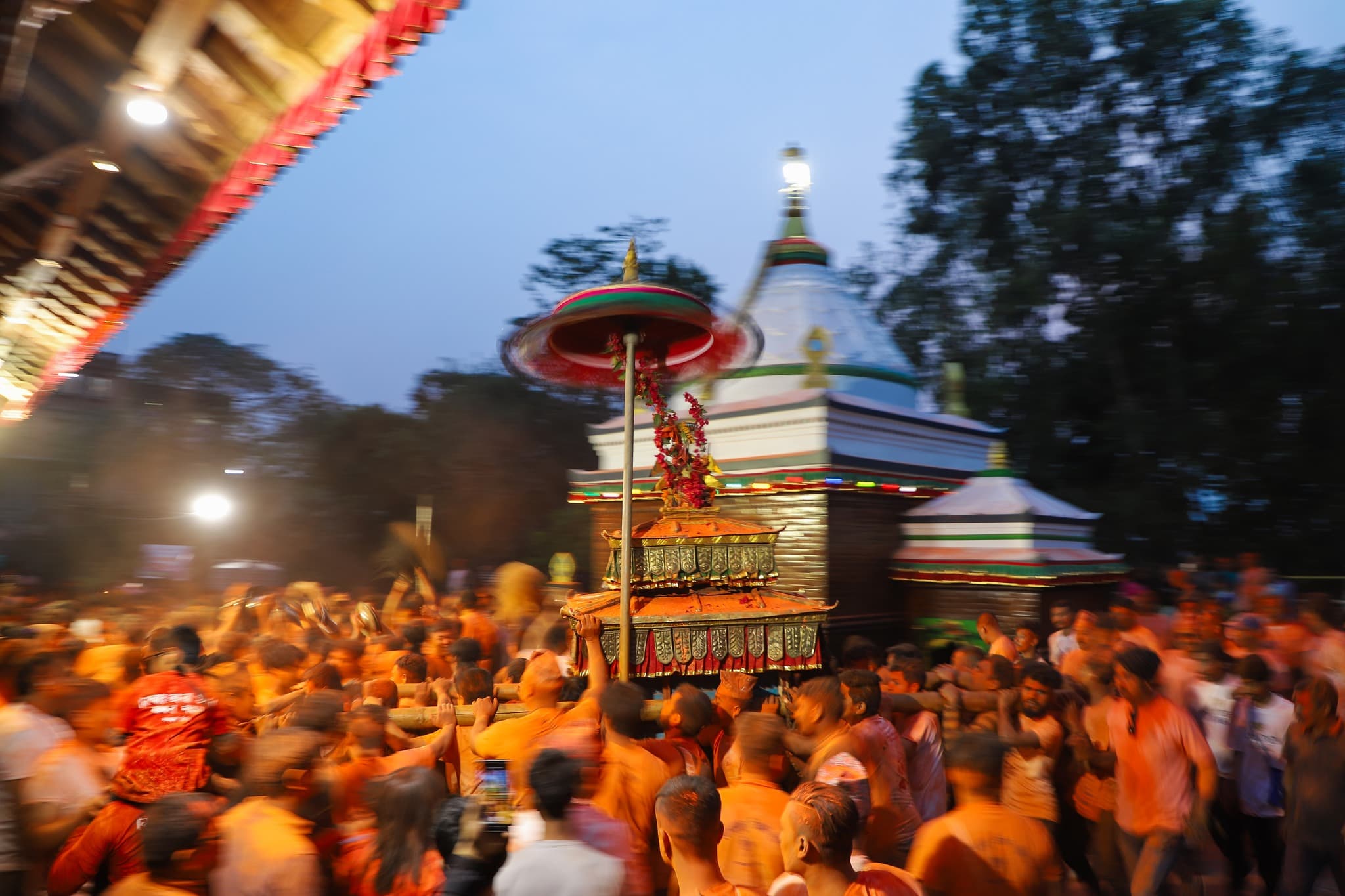 High-energy community celebration during Sindur Jatra in Thimi.