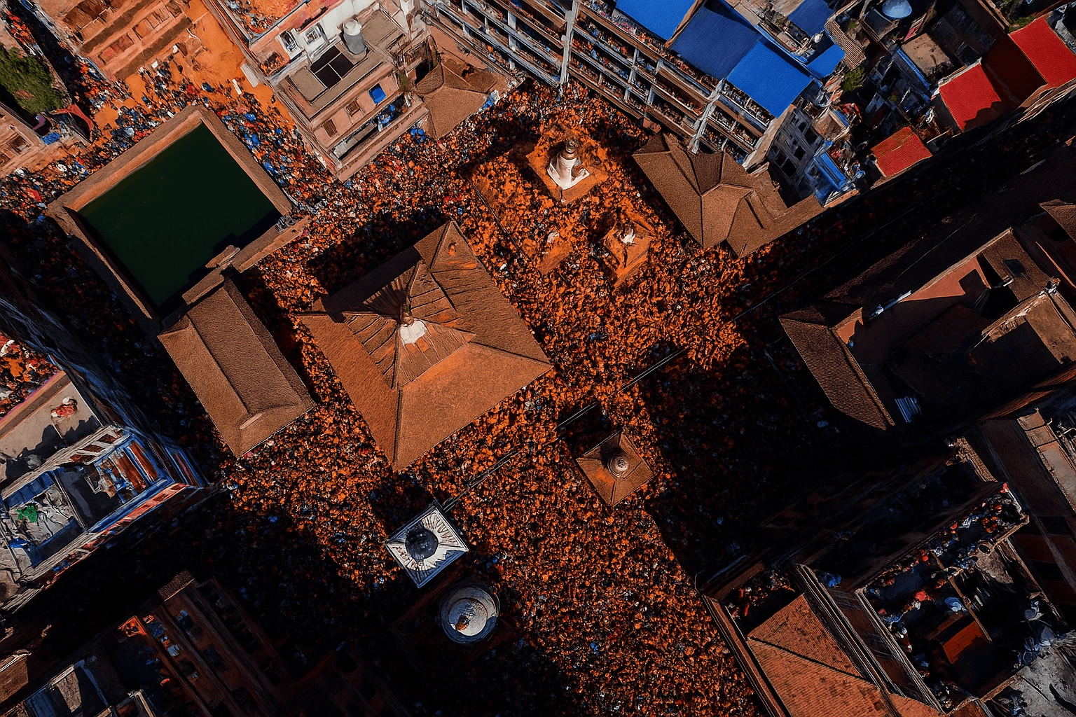 Overhead Biska Jatra celebration scene around heritage temple space.
