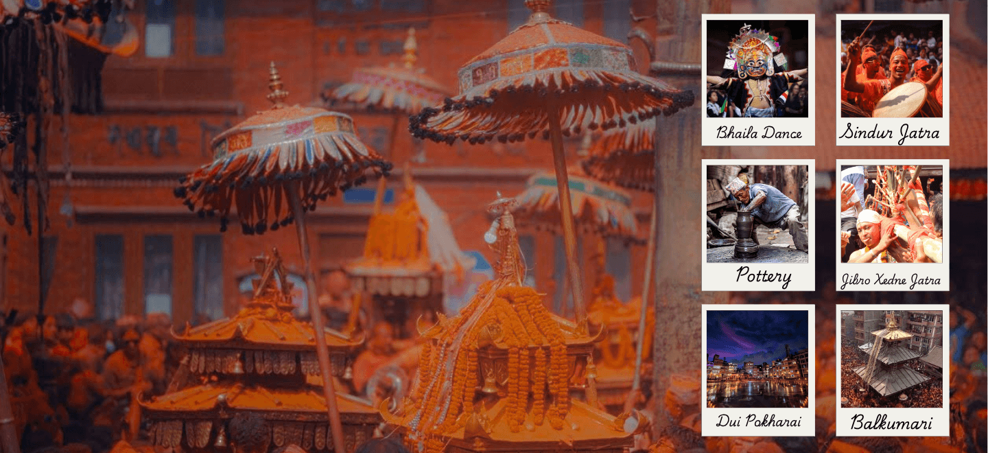 Madhyapur Thimi Sindur Jatra with chariot and traditional cultural scenes.