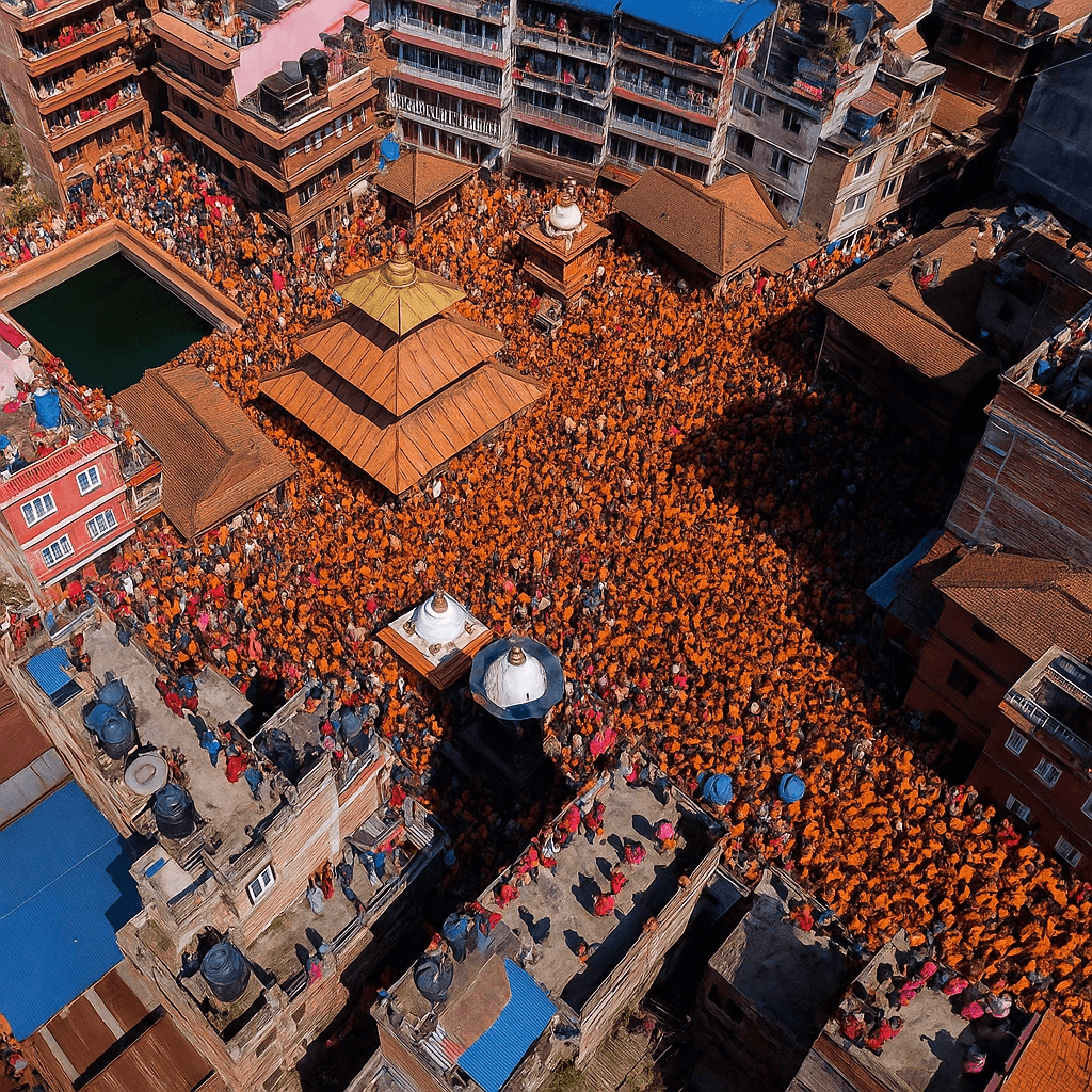 Overhead view of temple-centered festival life in Thimi.